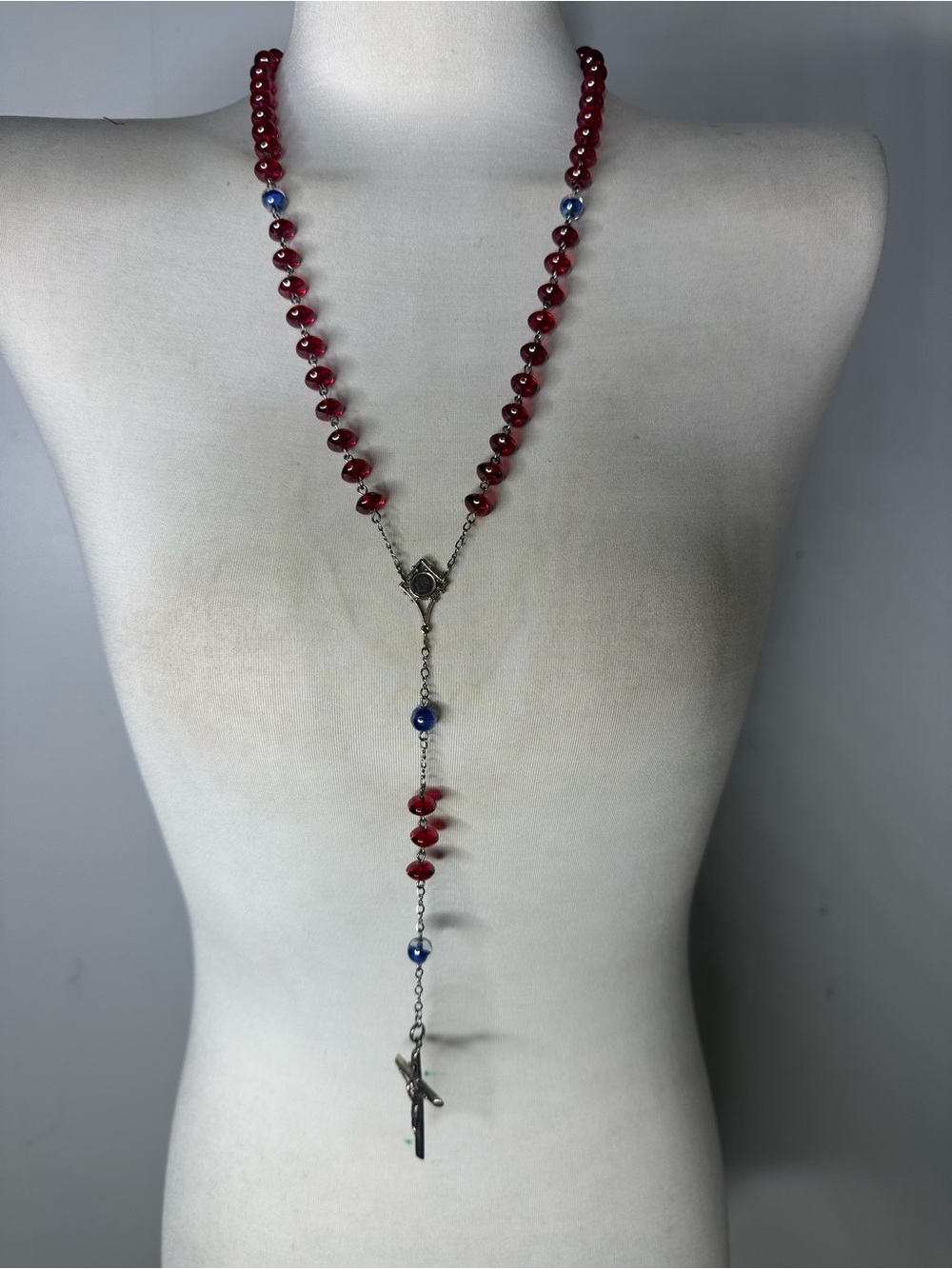 Vintage Glass Beaded Sterling Religious Cross Rosary Necklace